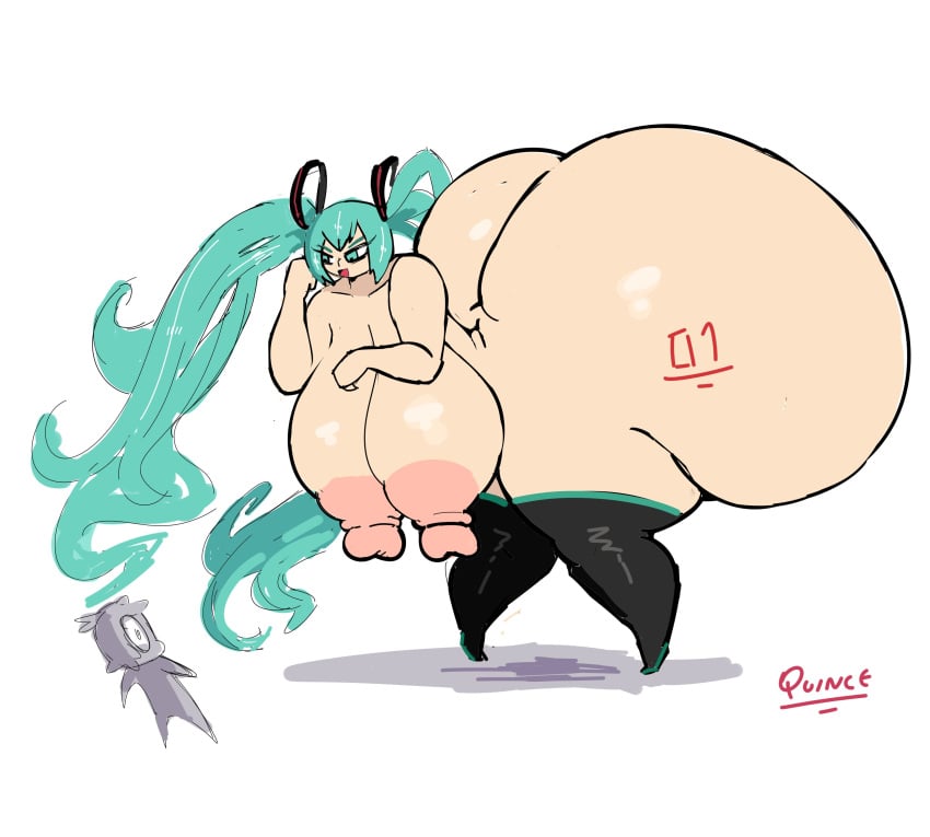 blue_eyes blue_hair blush hatsune_miku headwear huge_breasts hyper_ass quince_(artist) socks_only tagme taller_girl vocaloid