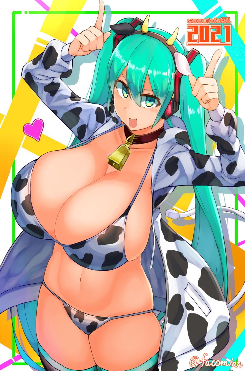 1girls 2021 aqua_eyes aqua_hair artist_name bell bell_collar big_breasts cleavage collar collarbone cow_ears cow_girl cow_horns cow_print cow_print_bikini cowbell facominn female hair_between_eyes hatsune_miku heart large_breasts long_hair looking_at_viewer open_smile smile stockings tagme thong twintails vocaloid