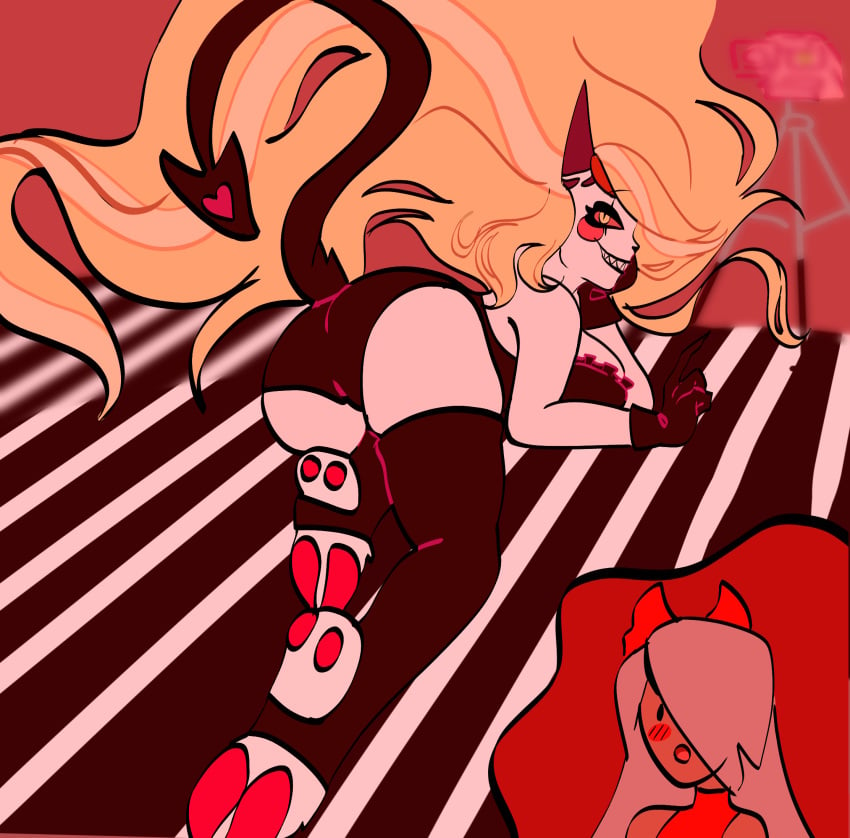 angel black_shorts charlie_morningstar_(hazbin_hotel) cute demon embarrassed from_behind goat_demon hazbin_hotel hooves humanoid lingerie looking_pleasured photoshoot semi_wholesome vaggie_(hazbin_hotel) yuri