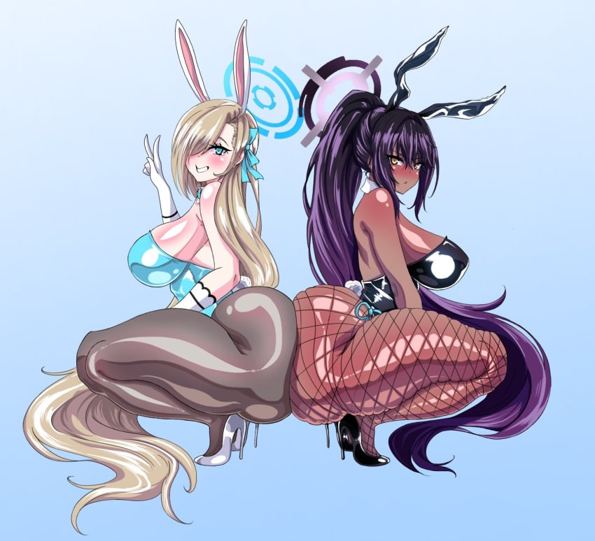 2girls ass asuna_(blue_archive) asuna_(bunny)_(blue_archive) big_ass blonde_hair blue_archive clothed clothed_female dark-skinned_female dark_skin de_kurayami female female_only fishnet_legwear fishnet_stockings fishnets full_body halo heels high_heels karin_(blue_archive) karin_(bunny)_(blue_archive) light-skinned_female light_skin long_hair millennium_science_school_student peace_sign purple_hair side_view smile squatting stockings v v_sign very_long_hair