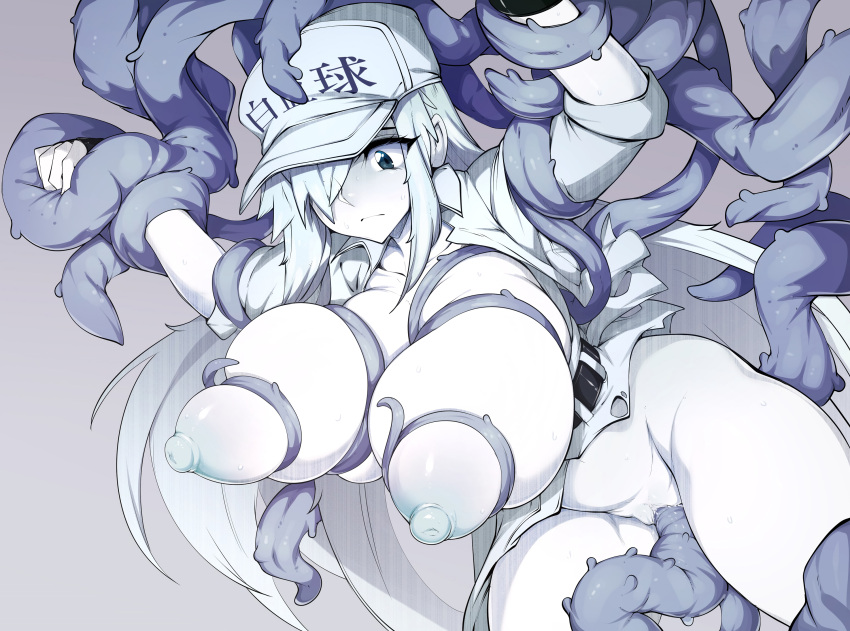 anthro black_eyes breast_grab breasts gloves gradient hat hataraku_saibou hataraku_saibou_black long_hair nipples no_bra nopan open_shirt polychromatic sex slugbox tentacle torn_clothes u-1196 uncensored uniform vaginal_penetration white_hair