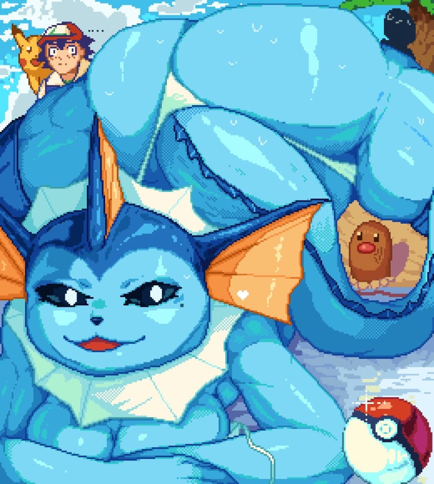 ababachenchen anthro ash_ketchum big_ass big_breasts bikini bikini_bottom blue_skin breasts diglett female jack-o_pose looking_at_viewer outdoors pixel_art pokeball pokemon pokemon_(species) satoshi_(pokemon) smug smug_face tail thong_aside topless vaporeon wet_body