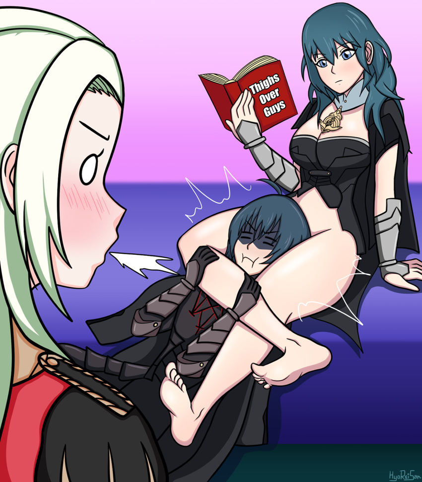 1boy 2girls asphyxiation between_legs blue_hair byleth_(fire_emblem) byleth_(fire_emblem)_(female) byleth_(fire_emblem)_(male) edelgard_von_hresvelg fire_emblem fire_emblem:_three_houses hyoreisan nintendo selfcest surprised surprised_expression tagme threesome