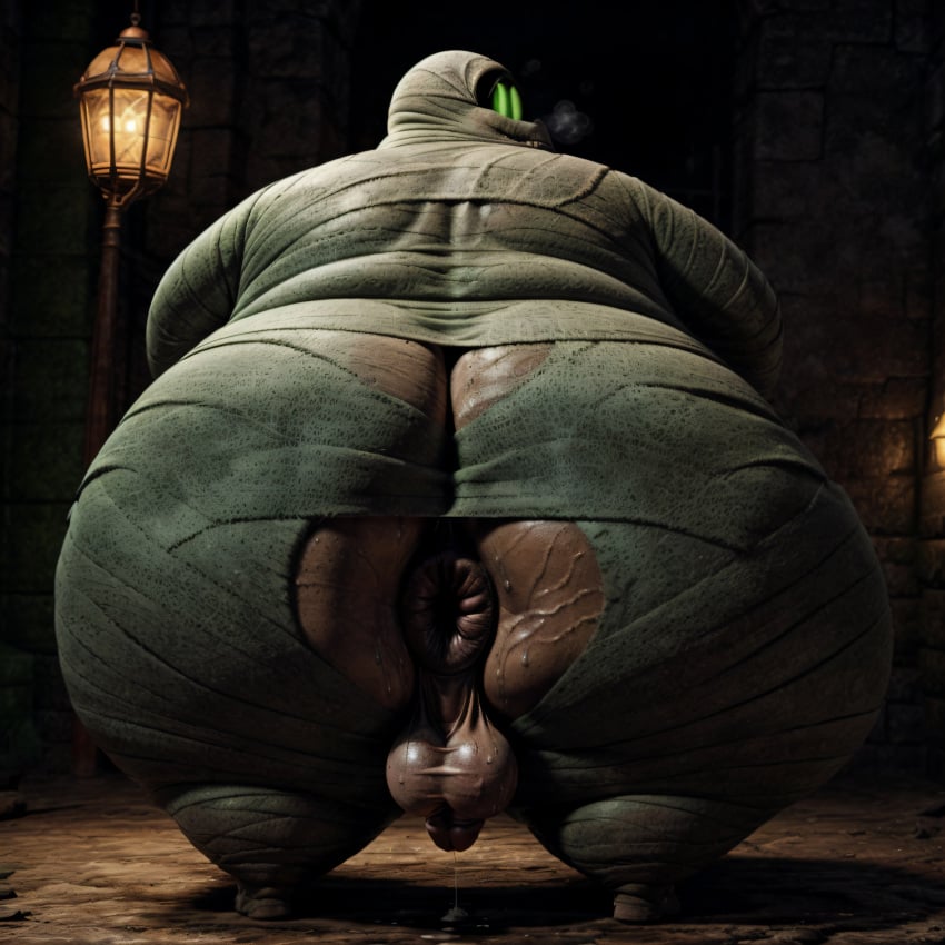 2020s 2023 absurd_res absurdres ai_generated anus ass balls big_ass big_butt bubble_ass bubble_butt chubby chubby_male egyptian egyptian_mythology fat fat_ass fat_butt fat_man green_eyes high_resolution highres hotel_transylvania huge_ass huge_butt lair lantern light looking_at_viewer looking_back male male_focus male_only matronai_(artist) morbidly_obese morbidly_obese_male mummy mummy_costume murray_the_mummy obese obese_male penis plump_ass prolapsed_anus smile smiling smiling_at_viewer solo_male stable_diffusion tan_body thick_ass thick_hips wide_hips wrappings