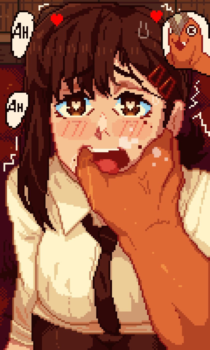 1girls ababachenchen bangs big_breasts blush blush_lines blushing breasts breath breathing brown_hair chainsaw_man clothed collared_shirt dominant_pov eyebrows female femsub finger_in_another's_mouth hairclip heart heart-shaped_pupils heavy_breathing higashiyama_kobeni holding holding_face human looking_at_viewer mole mole_under_mouth necktie open_mouth pixel_(artwork) pixel_art pochita_(chainsaw_man) pov pov_hands saliva saliva_on_hand shaking steamy_breath submissive submissive_female sweatdrop tongue tremble_lines upper_teeth_only white_shirt