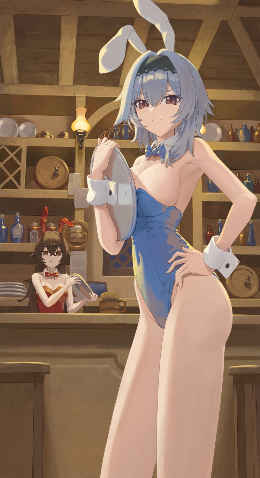 2girls amber_(genshin_impact) ass bar_(place) bar_counter bar_stool bare_arms bare_ass bare_legs bare_shoulders bare_thighs beer_mug belly_button blue_bow blue_bunnysuit blue_hair bow breasts brown_eyes brown_hair bunny_ears bunny_girl bunnysuit cleavage collar dot_nose elbows eula_(genshin_impact) female female_focus female_only fingers frown frown_eyebrows frowning frowning_at_viewer full_body genshin_impact groin hair_between_eyes hairband hand_on_hip high_resolution highres hourglass_figure large_breasts legs light_skin llami_0 long_hair looking_at_viewer medium_breasts multiple_girls plate purple_eyes red_bow red_bunny_ears red_bunnysuit shoulders sideboob slender_body slender_waist slim_girl slim_waist smile smiling smiling_at_viewer standing thighs thin_waist underboob v-line white_bunny_ears white_collar white_wrist_cuffs wrist_cuffs