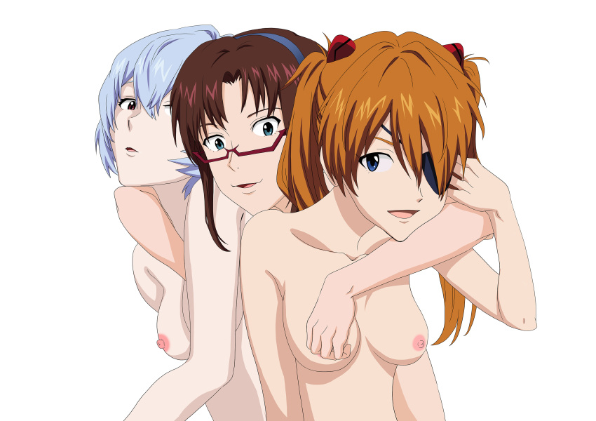 3girls anime_style asuka_langley_sohryu blue_eyes blue_hair breasts brown_hair charka female human light_skin light_skinned_female long_hair mari_illustrious_makinami multiple_girls neon_genesis_evangelion orange_hair pale-skinned_female pale_skin rebuild_of_evangelion red_eyes rei_ayanami short_hair