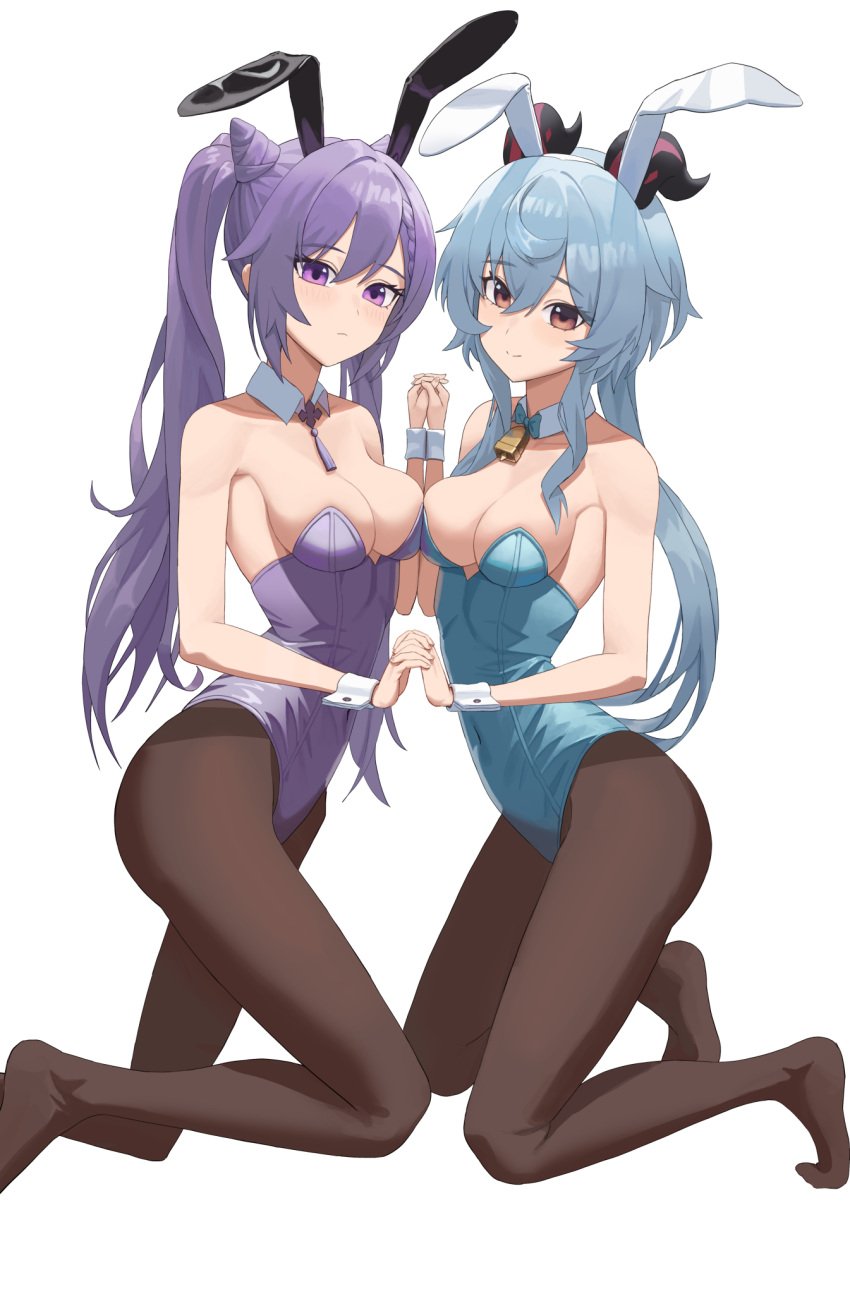 2girls ass bare_arms bare_shoulders bell belly_button black_bunny_ears black_horns black_pantyhose blue_bunnysuit blue_hair blush breast_press breasts breasts_pressed_against_partner breasts_pressed_together brown_eyes bunny_ears bunny_girl bunnysuit buns cleavage dot_nose elbows feet female female_focus female_only fingers full_body ganyu_(genshin_impact) genshin_impact hair_between_eyes hair_bun hair_buns hand_hold hand_holding high_resolution highres holding_hands horns hourglass_figure interlocked_fingers keqing_(genshin_impact) kneeling knees legs light_skin llami_0 long_hair looking_at_viewer medium_breasts multiple_girls pantyhose ponytail pov pov_eye_contact purple_bunnysuit purple_eyes purple_hair red_horns shoulders sideboob sidelocks simple_background slender_body slender_waist slim_girl slim_waist smile smiling smiling_at_viewer soles symmetrical_docking thick_ass thick_thighs thighs thin_waist toes twin_buns white_background white_bunny_ears white_collar white_wrist_cuffs wrist_cuffs