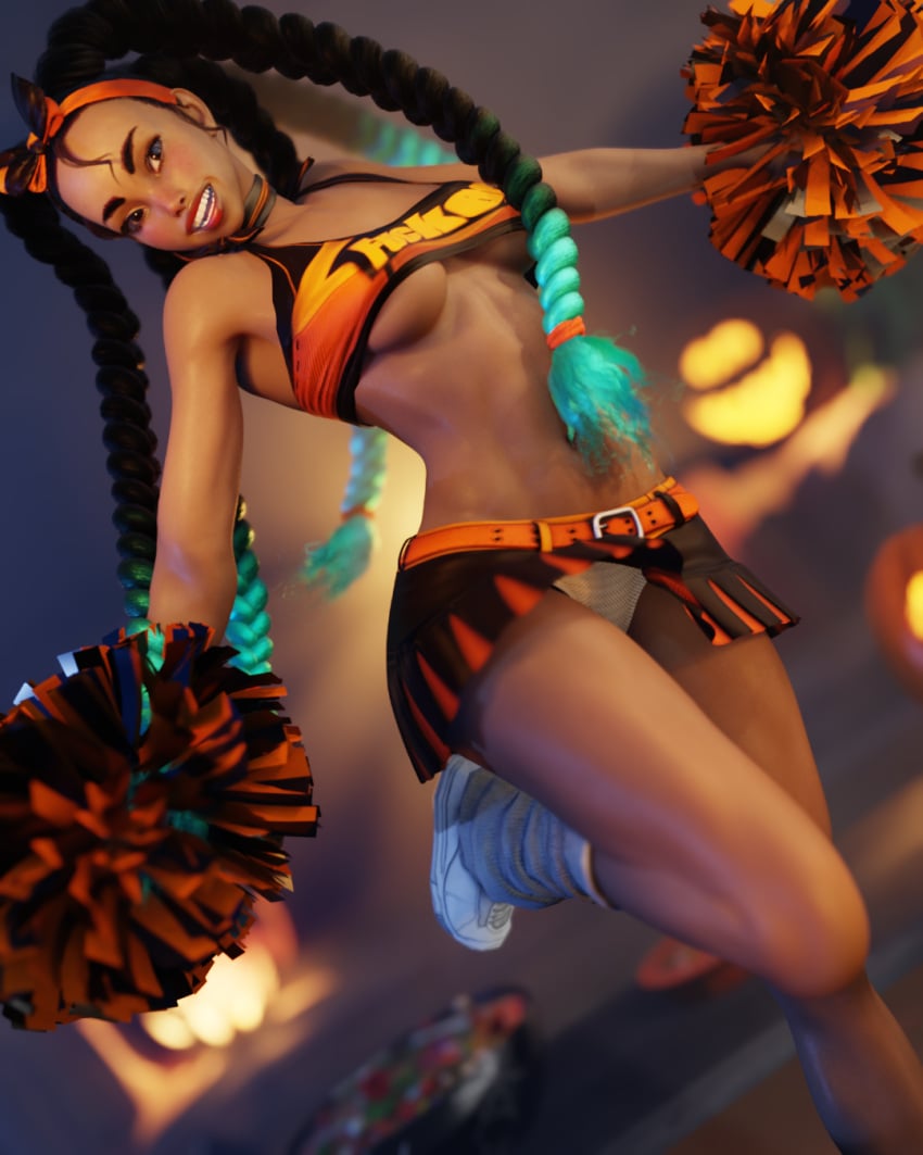 3d black_hair blurry_background braided_hair braided_quadtails cheerleader cheerleader_outfit cheerleader_uniform dark-skinned_female dark_skin female halloween jack-o'-lantern kimberly_jackson panties pom_poms quad_braids quad_tails rougenine solo solo_female street_fighter street_fighter_6 tagme teal_highlights