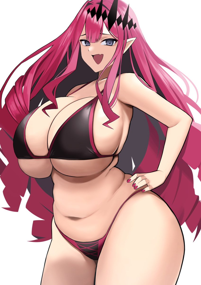 baobhan_sith_(fate) big_breasts bikini curvaceous curvy curvy_body curvy_female curvy_figure fate/grand_order fate_(series) imuzi large_breasts long_hair looking_at_viewer open_mouth pink_hair pointy_ears smiling tagme white_background