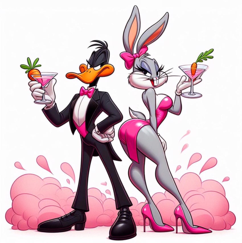 after_transformation ai_generated back-to-back bugs_bunny cocktail_dress daffy_duck edited feminization high_heels looney_tunes martini mtf_transformation rule_63 tuxedo