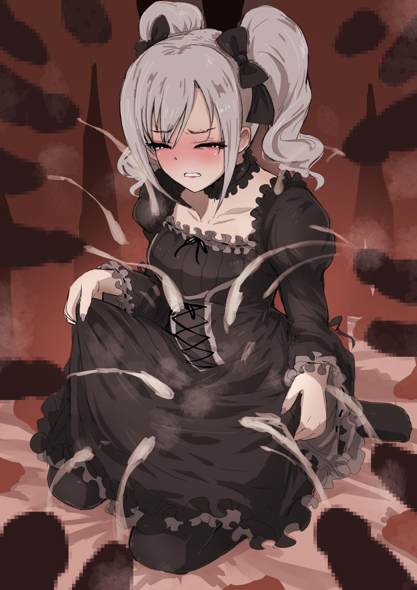 1girls 6+boys absurdres black_bow black_choker black_dress black_thighhighs blush bow breasts bukkake censored charybdo choker clenched_teeth closed_eyes collarbone cum curly_hair dress ear_blush ejaculation embarrassed female frilled_choker frilled_dress frilled_sleeves frills full-face_blush gangbang gothic_lolita gradient_background grey_hair group_sex hair_between_eyes hair_ornament hairbow highres huge_filesize idolmaster idolmaster_cinderella_girls kanzaki_ranko kneeling lolita_fashion male_masturbation male_orgasm masturbation medium_breasts mosaic_censoring multiple_boys multiple_penises parted_bangs parted_lips penis purple_nails small_breasts steam surrounded_by_penises tearing_up teeth thighhighs tomawarinosuizou twintails