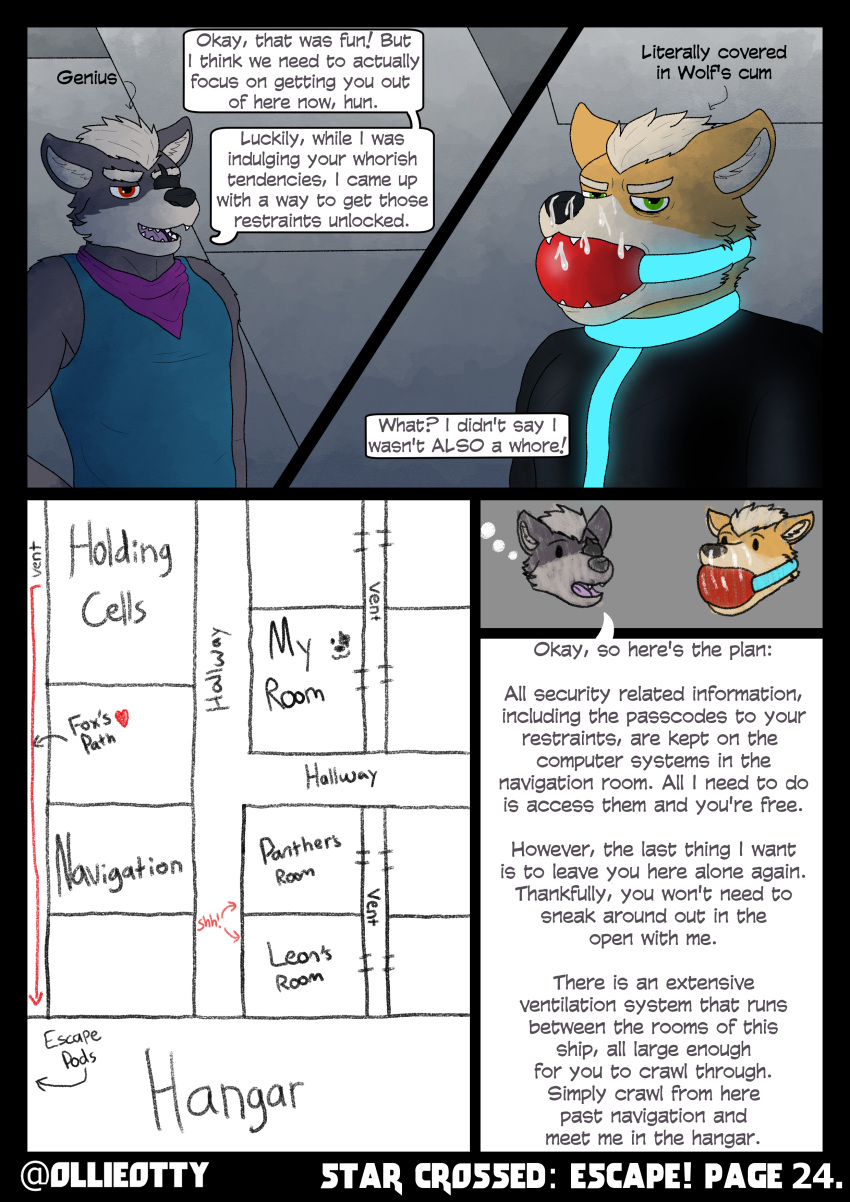 absurd_res anthro ball_gag bodily_fluids bondage bondage bound canid canine canis clothed clothing comic cum cum_on_face dialogue duo eye_patch eyewear fox fox_mccloud fur futuristic gag gagged genital_fluids genitals glowing grey_body grey_fur hair hi_res latex latex_straitjacket male male/male mammal map nintendo ollieotty prison prisoner restraints science_fiction speech_bubble star_fox straitjacket underwear wolf wolf_o&#039;donnell