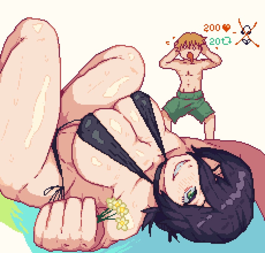 1boy 1girls ababachenchen big_breasts bikini black_hair bouquet chainsaw_man denji_(chainsaw_man) female flowers green_eyes light-skinned_female light_skin male nipples nipples_bulge pixel_art reze_(chainsaw_man) short_hair swimsuit tagme twitter_strip_game_(meme) venus_body wet_body wet_skin