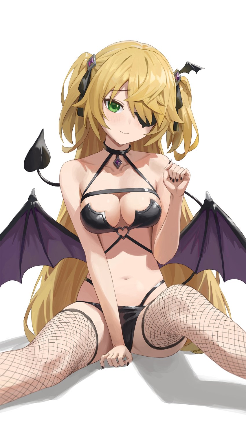 absurdres bare_arms bare_midriff bat_wings belly belly_button black_bra black_choker black_collar black_fishnet_legwear black_fishnet_stockings black_nails black_panties black_ribbon blonde_hair bra breasts choker collar demon_tail demon_wings eyepatch female fischl_(genshin_impact) fishnet_thighhighs fishnets genshin_impact green_eyes hair_ornament hair_ornaments hair_over_one_eye hair_ribbon halloween_costume hand_up highres legs legs_apart legs_spread lingerie llami_0 long_hair medium_breasts nail_polish navel painted_nails panties shoulders shy shy_expression shy_face sitting sitting_down slender_body slender_waist slim_girl slim_waist solo solo_female spread_legs stomach tail thighhighs thighs thin_waist twintails two_side_up underwear very_long_hair white_background wings