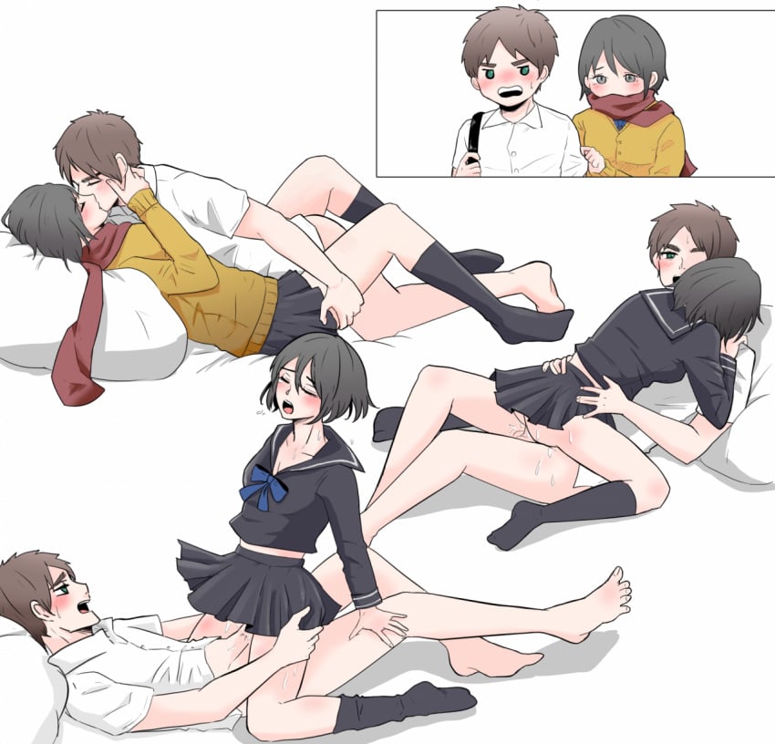 1boy 1girls alternate_universe attack_on_titan black_hair blush cowgirl_position eremika eren_jaeger long_sleeves mikasa_ackerman missionary_position modern_au scarf school_uniform schoolboy schoolgirl shingeki_no_kyojin short_hair socks white_background