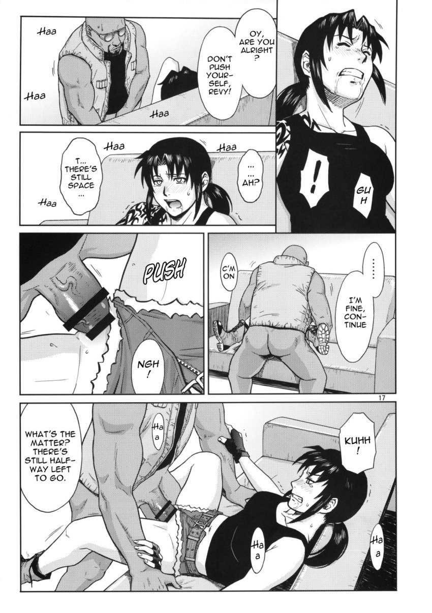 1boy 1girls age_difference azasuke big_penis black_lagoon boss_and_subordinate censored doujinshi duo dutch_(black_lagoon) english_text hotpants penis_in_pussy pussy revy sex tank_top tattoo