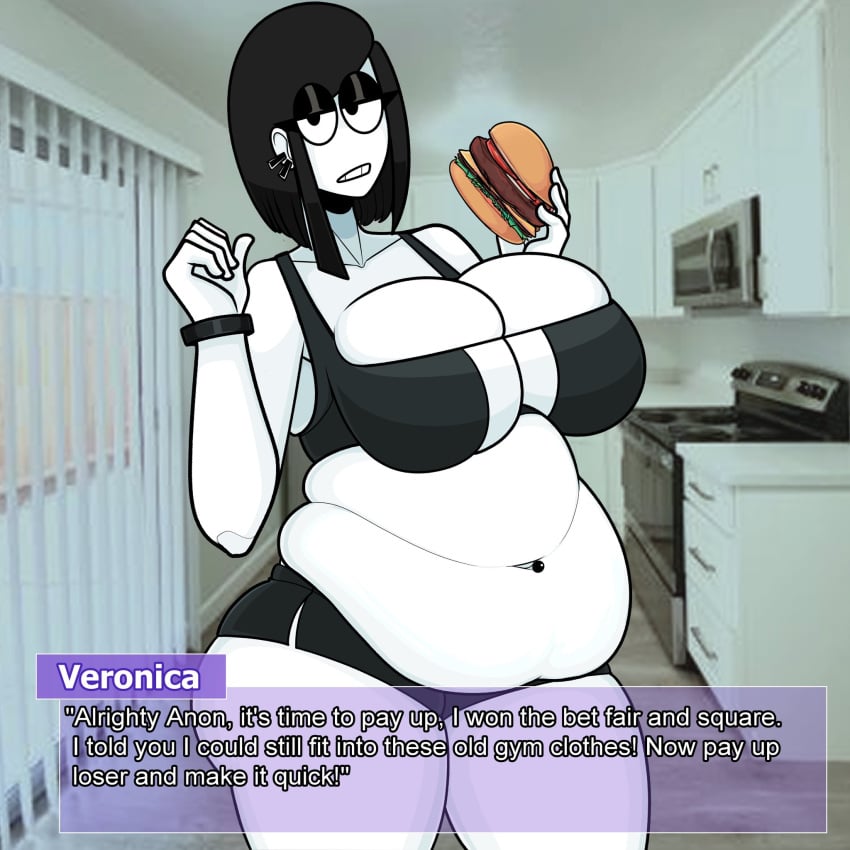 1girls armband belly_overhang big_belly big_breasts black_hair black_shorts black_sports_bra booty_shorts breasts burger chubby chubby_belly chubby_female dialogue ear_piercing eyeshadow fat female female_only goth goth_girl holding_burger huge_belly kitchen large_breasts navel navel_piercing obese original pale_skin pale_skinned_female piercing saltynoodles shorts shoulder_length_hair sports_bra talking_to_viewer text_box thick_thighs veronica_(saltynoodles) white_skin white_skinned_female