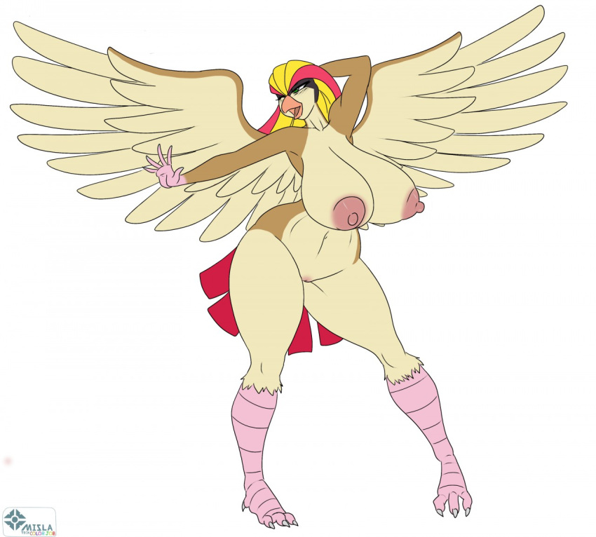 2017 4_toes 5_fingers anisodactyl anthro anthrofied areola avian beak big_breasts bird bird_feet black_body black_feathers blush breasts brown_body brown_feathers carrie_ellaway claws curvy_figure digital_media_(artwork) english_text eyelashes fan_character feathered_wings feathers feet female fingers flat_colors full-length_portrait genitals green_eyes hand_behind_head huge_breasts humanoid_hands marauder6272 mislakane multicolored_body multicolored_feathers narrowed_eyes navel nintendo nipples non-mammal_breasts nude one_eye_closed open_beak open_mouth pidgeot pink_areola pink_beak pink_nipples pokémon_(species) pokémorph pokemon portrait pussy red_body red_feathers scutes signature simple_background solo spread_wings tail_feathers talons tan_body tan_feathers text thick_thighs toe_claws toes video_games white_background white_claws wide_hips wings yellow_body yellow_feathers