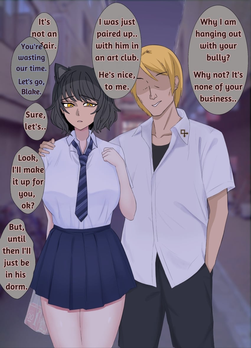 1boy 1girls 2024 artist_request black_hair black_hair_female blake_belladonna blonde_hair blonde_hair_male blonde_male blue_skirt blue_tie cat_ears catgirl caucasian_male cheating cheating_girlfriend collar_shirt college college_girl college_student comic condom_box cuckold_pov cuckolding cuckquean cuckquean_pov dialogue english_dialogue english_text faceless_male hands_on_another's_shoulders hands_on_shoulders imminent_cheating imminent_cuckold netorare ntr offscreen_female okamoto_condoms plastic_bag runes rwby school_uniform shadow_over_eyes skirt speech_bubble speech_bubbles text tie translated white_shirt yellow_eyes