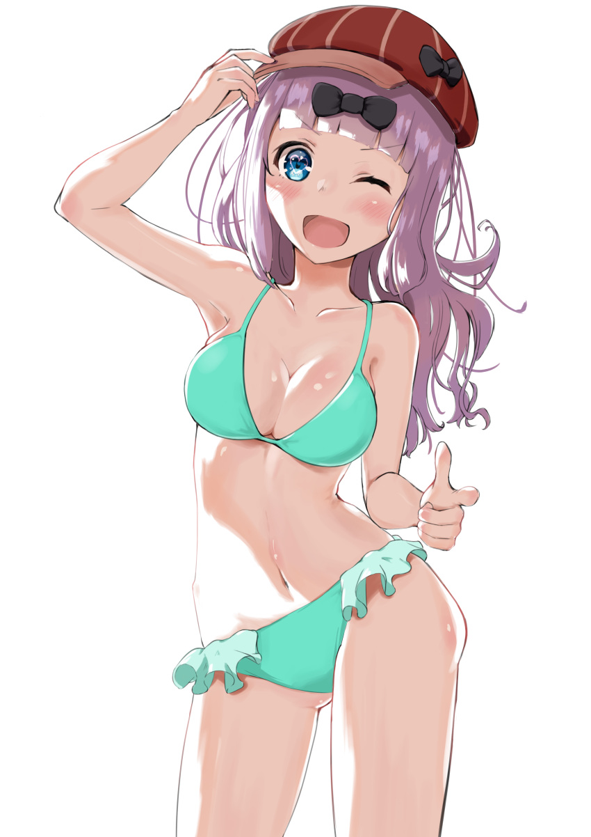 1girls :d aqua_bikini aqua_bikini_bottom aqua_bikini_top aqua_swimsuit aqua_swimwear arm_above_head armpits bare_arms bare_legs bare_midriff bare_shoulders bare_thighs belly belly_button bikini black_bow blush blush_lines bossun_(laetus) bow breasts cleavage collarbone detective_hat dot_nose elbows female female_focus female_only fingers frilled_bikini frilled_bikini_bottom fujiwara_chika groin hand_above_head hat high_resolution highres kaguya-sama_wa_kokurasetai_~tensai-tachi_no_renai_zunousen~ legs light_skin long_hair looking_at_viewer medium_breasts navel one_eye_closed open_mouth pink_hair pointing pointing_at_viewer shoulders simple_background slender_body slender_waist slim_girl slim_waist smile smiling smiling_at_viewer solo standing student swimsuit swimwear teenager thighs thin_waist upper_body wavy_hair white_background