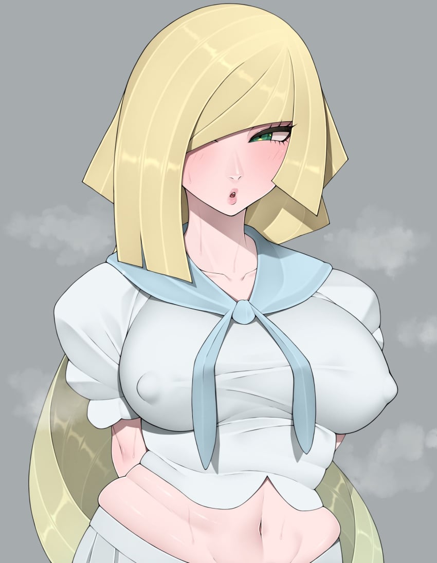 1girls big_breasts blonde_hair blush breasts clothing cosplay erect_nipples female female_only game_freak green_eyes hair hair_over_one_eye huge_breasts lillie_(pokemon)_(cosplay) lips long_hair lusamine_(pokemon) mature mature_female mature_woman milf mother nipple_bulge nipples_visible_through_clothing pokemon pokemon_sm puritika solo solo_female steam steaming_body steamy topwear upper_body