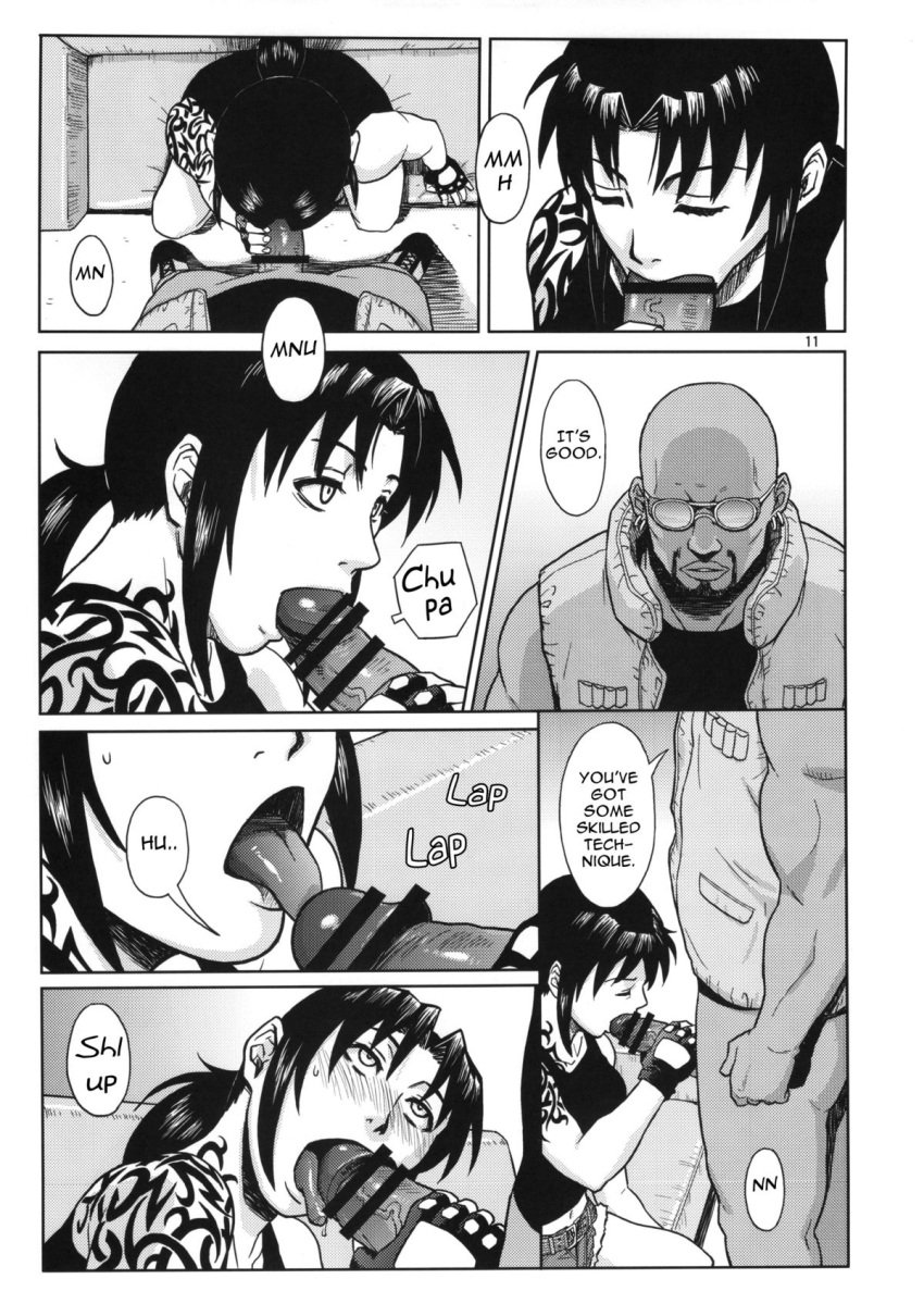 1boy 1girls age_difference azasuke big_penis black_lagoon blowjob boss_and_subordinate censored doujinshi duo dutch_(black_lagoon) english_text hotpants licking licking_penis revy tank_top tattoo