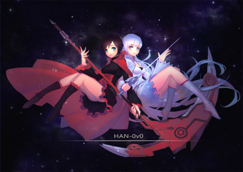 2girls female female_only han-0v0 human multiple_girls panties ruby_rose rwby scythe weapon weiss_schnee