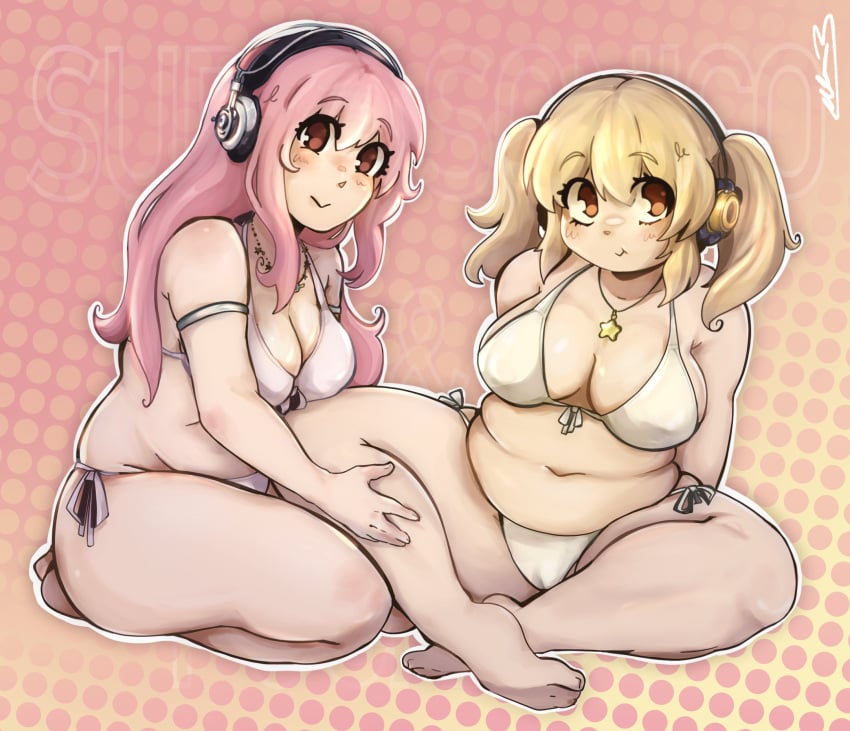 blonde_hair chubby_female original_artwork pink_hair super_pochaco super_sonico swimsuit twintails