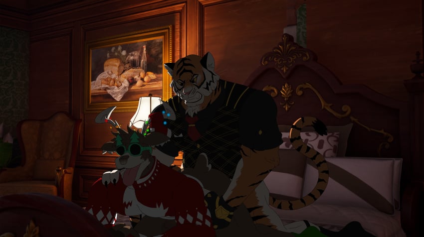 clothing cum_inside dolph_(fortnite) fortnite furry gay gay_anal gay_sex male/male male_only oscar_(fortnite) reindeer sex_from_behind tiger