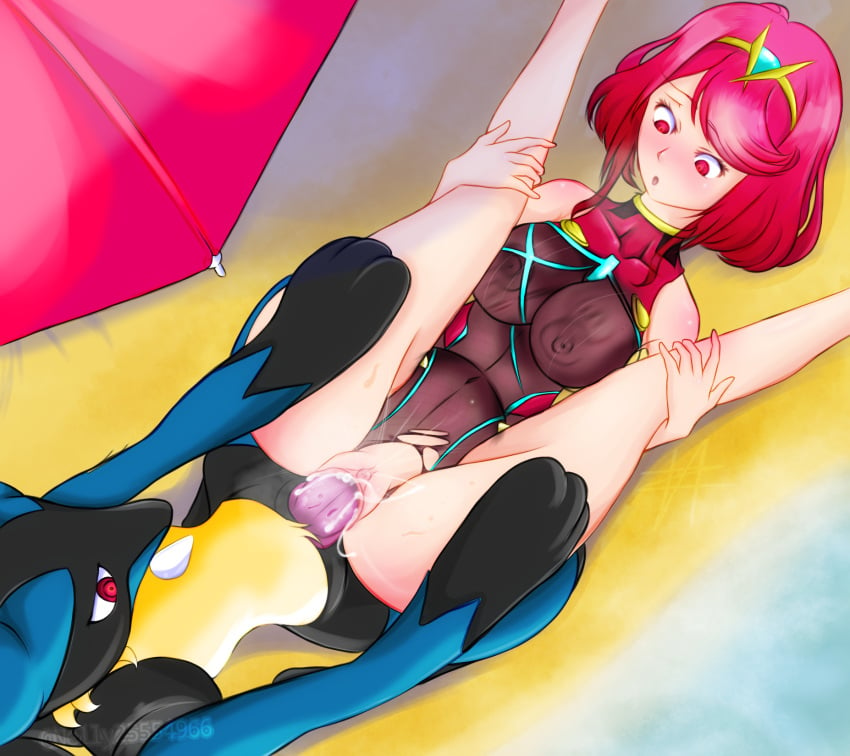 anthro beach cornelly cumming female_ejaculation lucario one-piece_swimsuit open_mouth pokemon pokemon_(species) pyra red_eyes red_hair super_smash_bros. super_smash_bros._ultimate swimsuit vaginal_penetration white_skin xenoblade_(series) xenoblade_chronicles_2