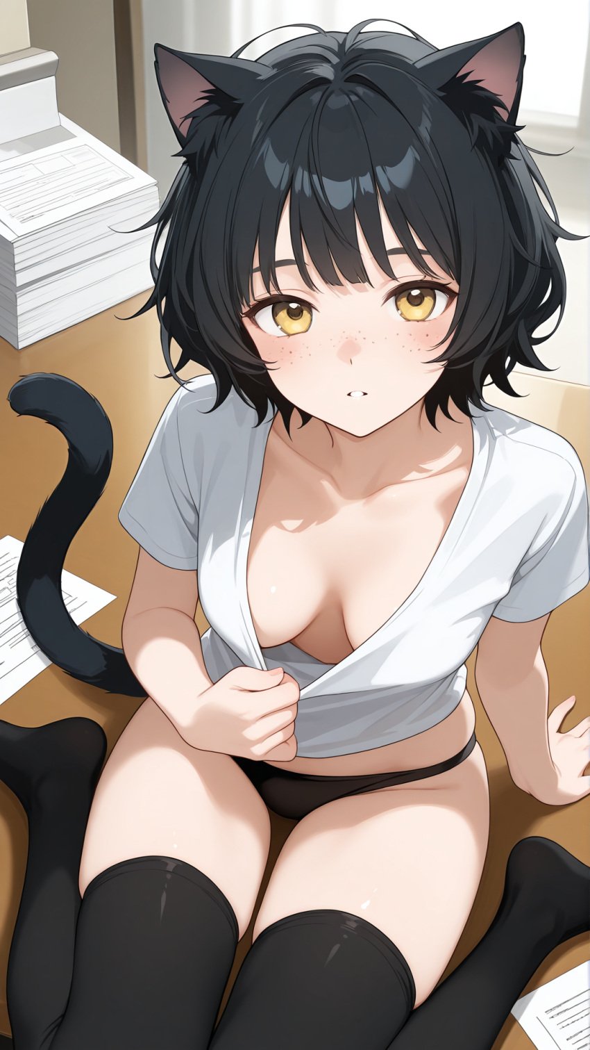 ai_generated bankonit black_hair blush cat_ears cat_tail catgirl cleavage clothes_pull down_blouse downblouse freckles freckles_on_face kneeling long_socks looking_at_viewer panties papers parted_lips pulling_shirt short_hair socks stable_diffusion t-shirt thighs wariza yellow_eyes