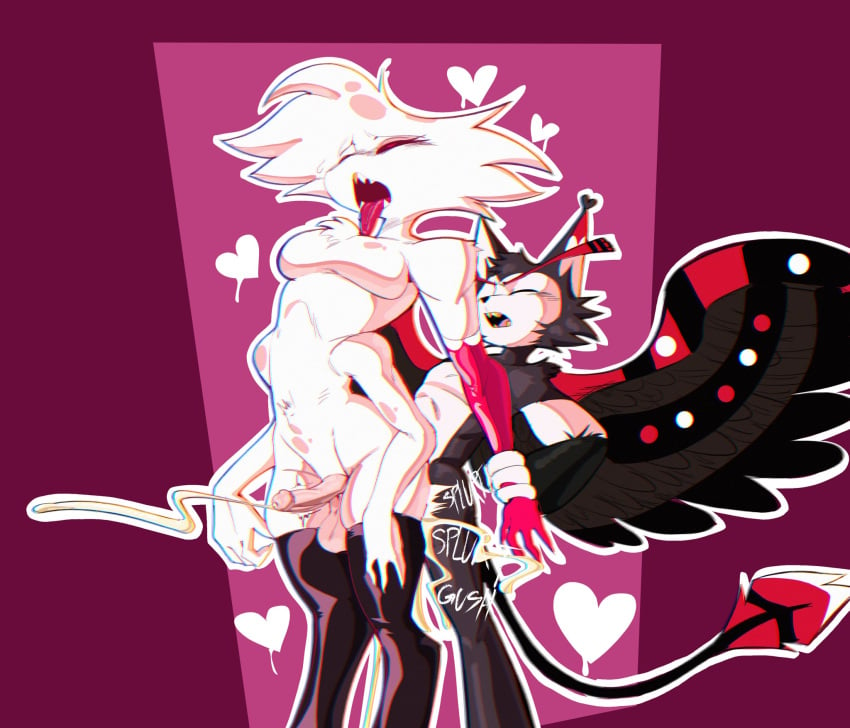 2boys 4_arms angel_dust_(hazbin_hotel) cumming from_behind greatalmightyjj hazbin_hotel husk_(hazbin_hotel) multi_arm multi_limb white_fur white_skin wings