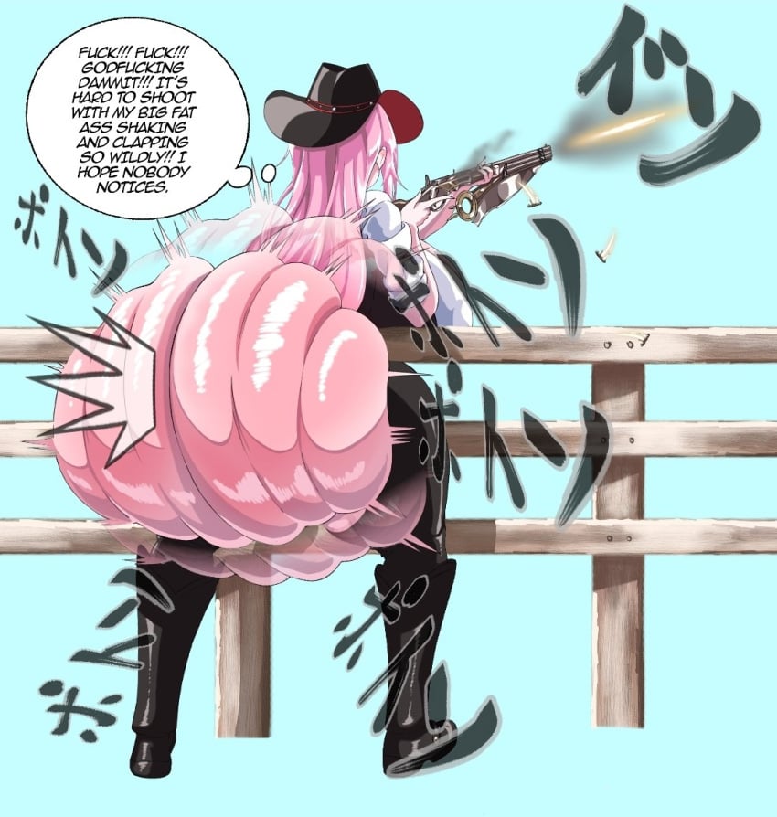 1girls ass ass_clapping ass_focus bare_ass big_ass cowboy_hat cowgirl de_kurayami english_text fake_ass fat_ass female female_only fence footwear full_body goddess_of_victory:_nikke gun hat headwear holding holding_weapon hololive hololive_english hololive_myth huge_ass long_hair mori_calliope mori_calliope_(sheriff) motion_lines noisy pink_hair shooting shotgun solo solo_female text thighhigh_boots thighhighs twerking virtual_youtuber