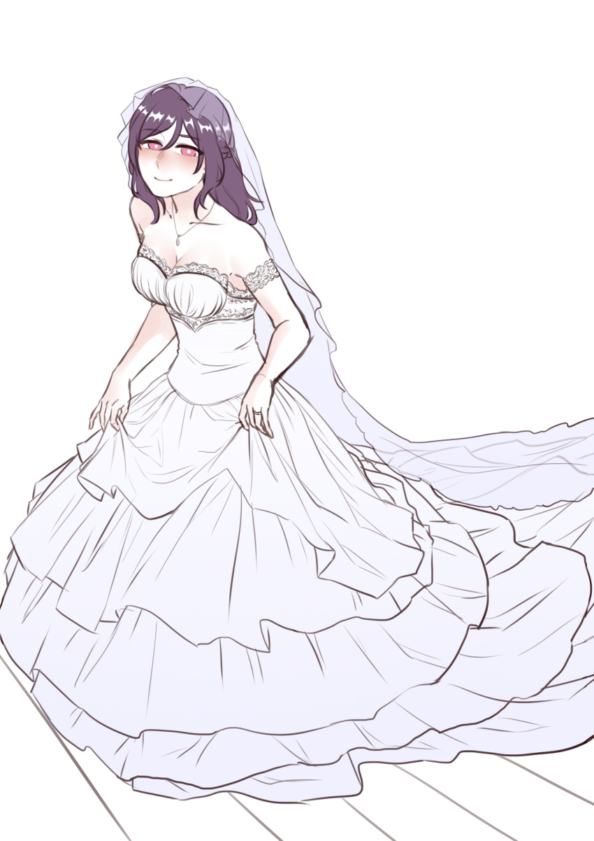 blush bridal_veil bride dress dress_tug fault fault_milestone female lace long_dress looking_at_viewer necklace pink_eyes purple_hair ritona_reighnvhasta smile veil wedding_dress white_dress