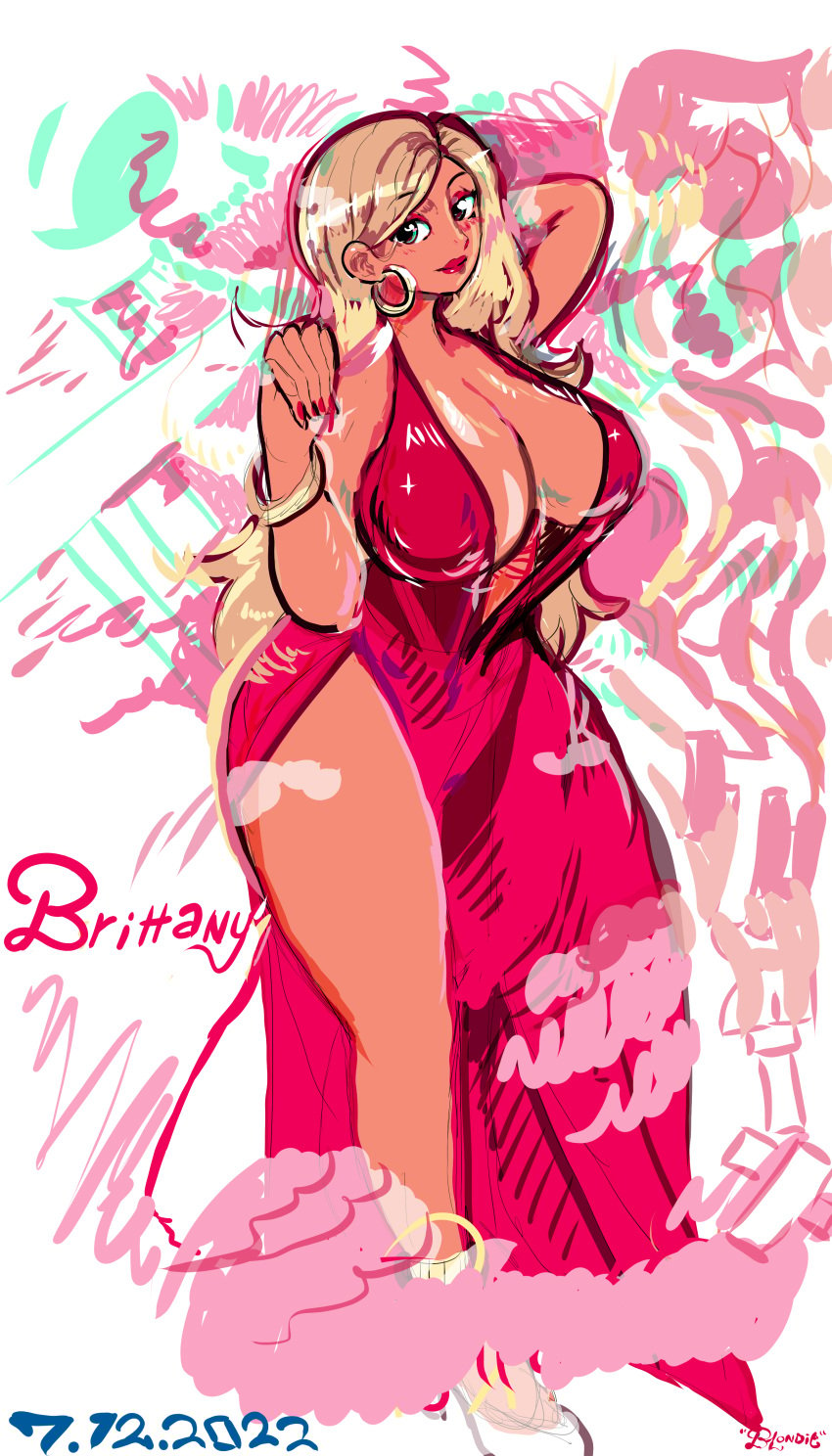 1girls artist_name artist_request bimbo bimbo_body blonde_female blonde_hair blue_eyes bracelet brittany_(fellatrix) character_name dated earrings fanart hair hand_on_hip high_heels jewelry large_breasts long_dress long_fingernails long_hair long_nails original original_character red_dress red_nail_polish red_nails shiny_skin sketch tanned tanned_female tanned_skin