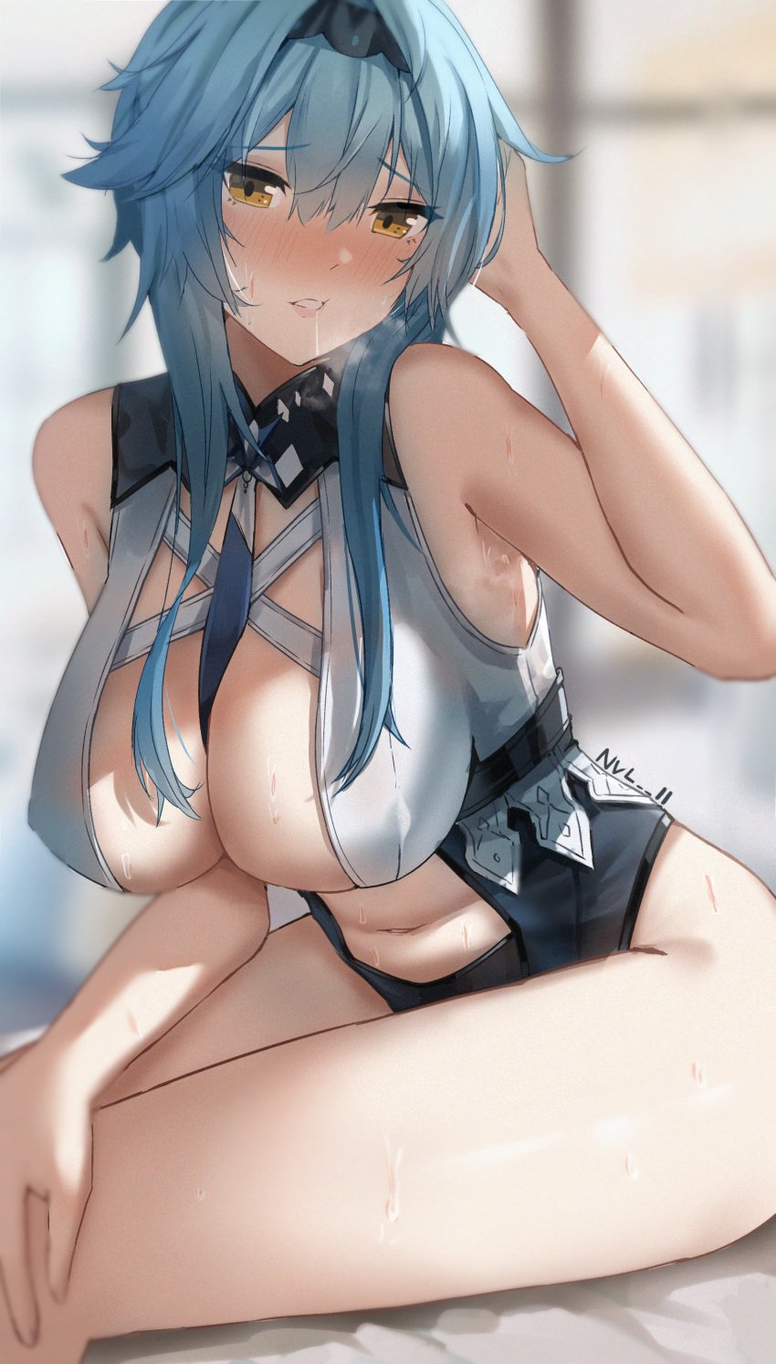 1girls armpits bedroom_eyes blue_hair blush busty cleavage curvaceous eula_(genshin_impact) female female_only genshin_impact hi_res horny large_breasts looking_at_viewer navel necktie necktie_between_breasts no_bra nvl only_female revealing_clothes sitting solo sweat thighs yellow_eyes