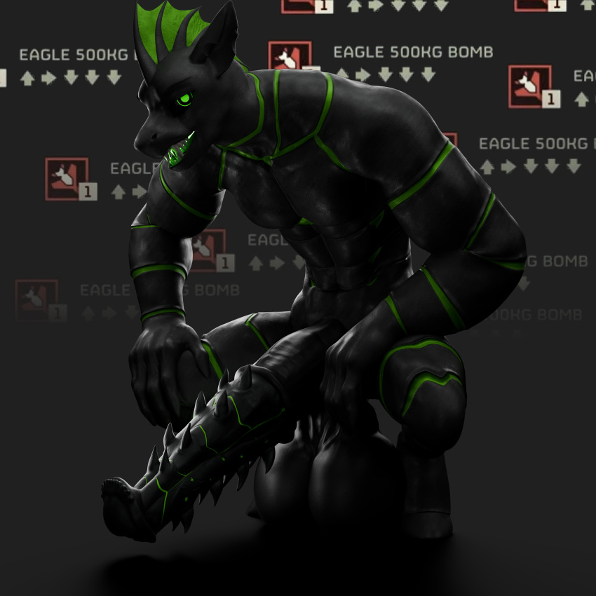 3d abs absurd_res anthro artist_request balls big_balls big_penis black_body blender_(software) chytin crouching flared_penis genitals green_stripes hi_res horsecock huge_balls huge_cock hyper male muscular muscular_male pecs penis sharp_teeth solo spiked_penis spikes spikes_(anatomy) squatting stripes tagme teeth top_heavy