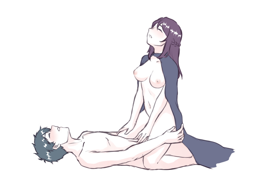 1boy 1girls areolae black_cape black_hair blush braid breast_grab breasts cape closed_eyes cowgirl_position cuddling fault fault_milestone female male naked_cape nipples purple_hair ritona_reighnvhasta sex