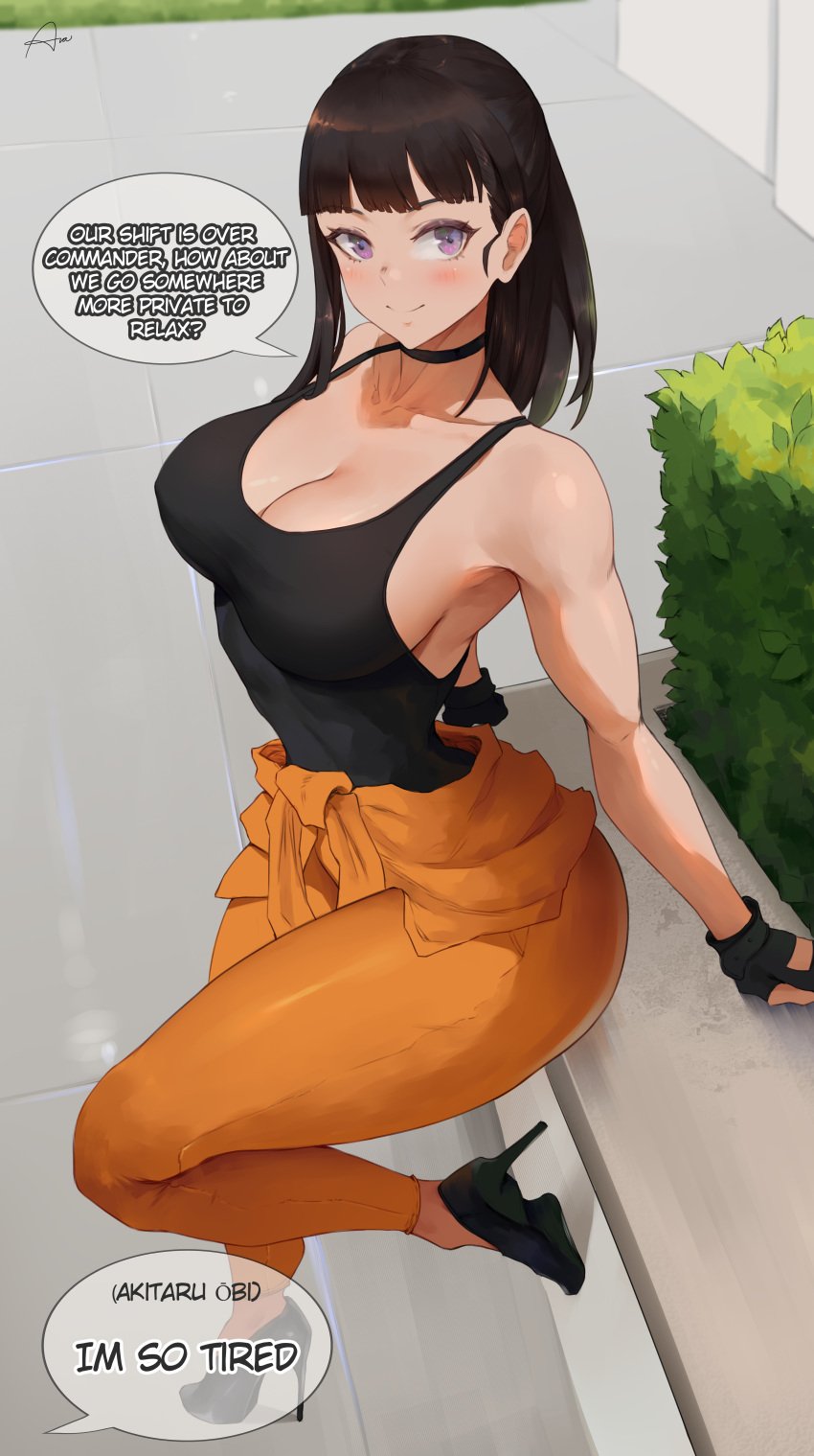 1female 1girls absurdres araneesama big_breasts black_hair breasts enen_no_shouboutai female fire_force high_heels long_hair oze_maki purple_eyes thick_thighs wide_hips