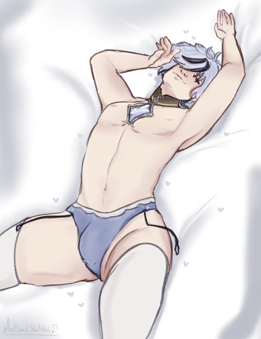 blade_(nu:_carnival) garter_straps laying_on_bed lingerie_only male_lingerie nu:_carnival purple_eyes ratsnacksketchies seductive thigh_highs white_hair