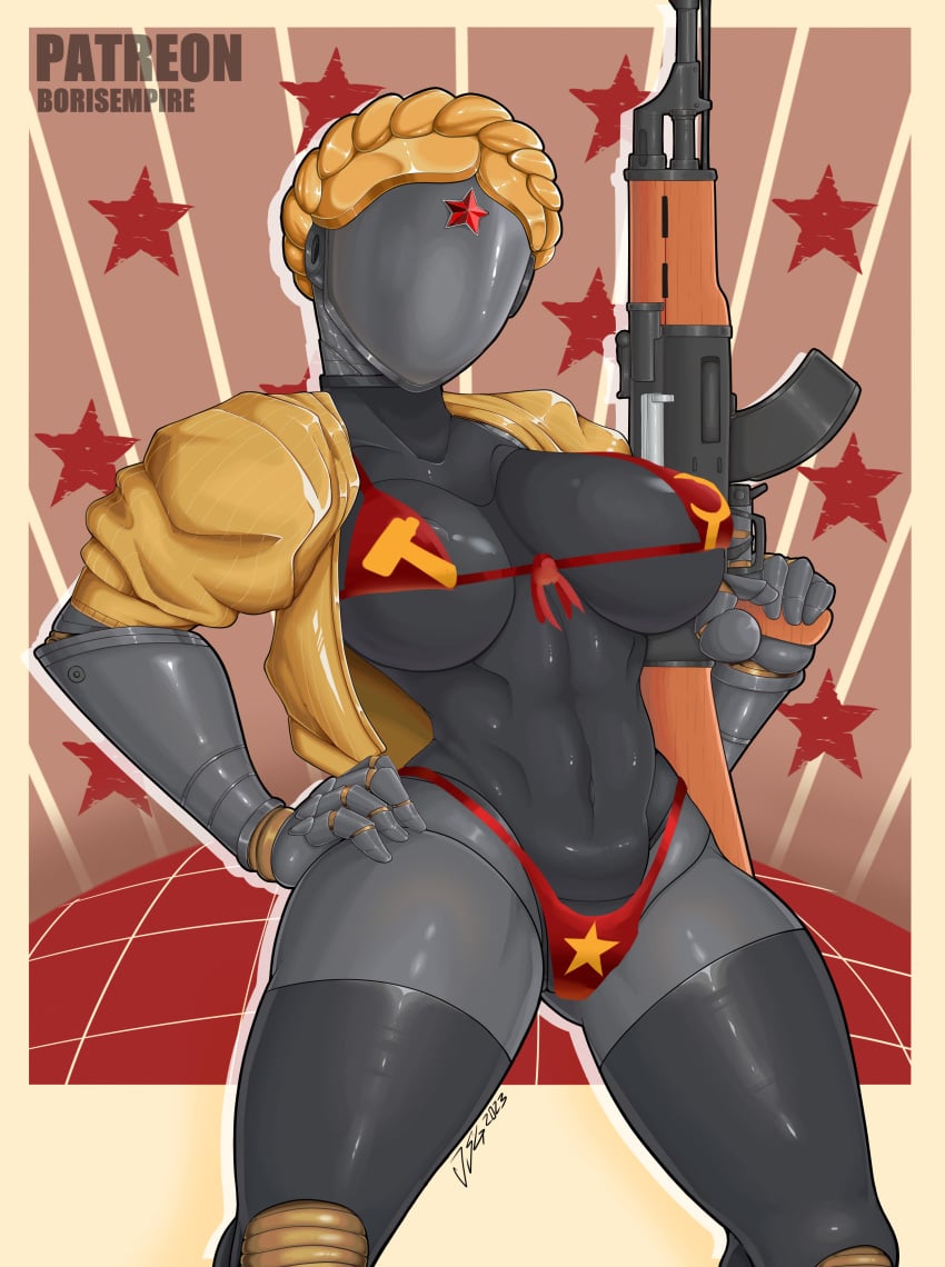 1girls ak-47 android armed artist_signature atomic_heart big_breasts bikini blonde_hair borisempire braid busty communism communist detailed_background faceless_female female_only front_view gun hammer_and_sickle hand_on_hip hand_on_own_hip holding_object holding_weapon humanoid jacket kalashnikov_rifle left_(atomic_heart) leotard meltgar metallic_body red_star robot robot_girl robot_humanoid solo solo_female standing swimsuit the_twins_(atomic_heart) three-quarter_portrait weapon