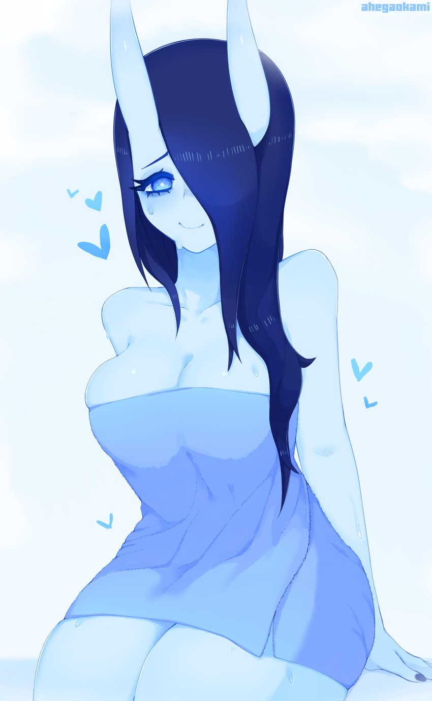 1girls ahegaokami artist_name black_hair blue_eyes breast_squish female female_only hair_over_one_eye heart hi_res horns long_hair looking_at_viewer oni oni_horns smiling smiling_at_viewer solo spooky_(ahegaokami) thick_thighs towel towel_only white_background white_skin wholesome