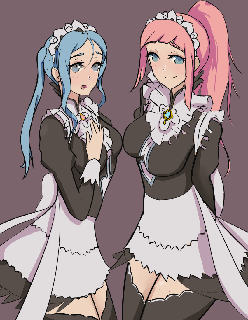 2girls aqua_eyes arms_behind_back bangs bare_thighs black_background blue_hair felicia_(fire_emblem) female female_only fire_emblem fire_emblem_fates flora_(fire_emblem) grey_eyes hand_on_own_chest in2naps inner_thighs light_blue_hair long_hair looking_at_viewer maid medium_breasts multiple_girls nintendo pink_hair ponytail siblings sisters small_breasts smile thick_thighs thighhighs thighs twins twintails