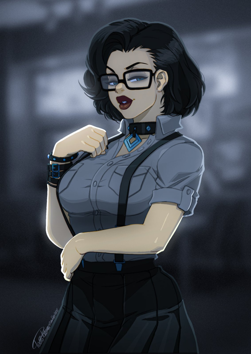 1girls black_hair blue choker eyes female female_only glasses goth looking_at_viewer millennia_gotthard millennium4ever short_hair skirt solo suspenders the_gotthards tovio_rogers