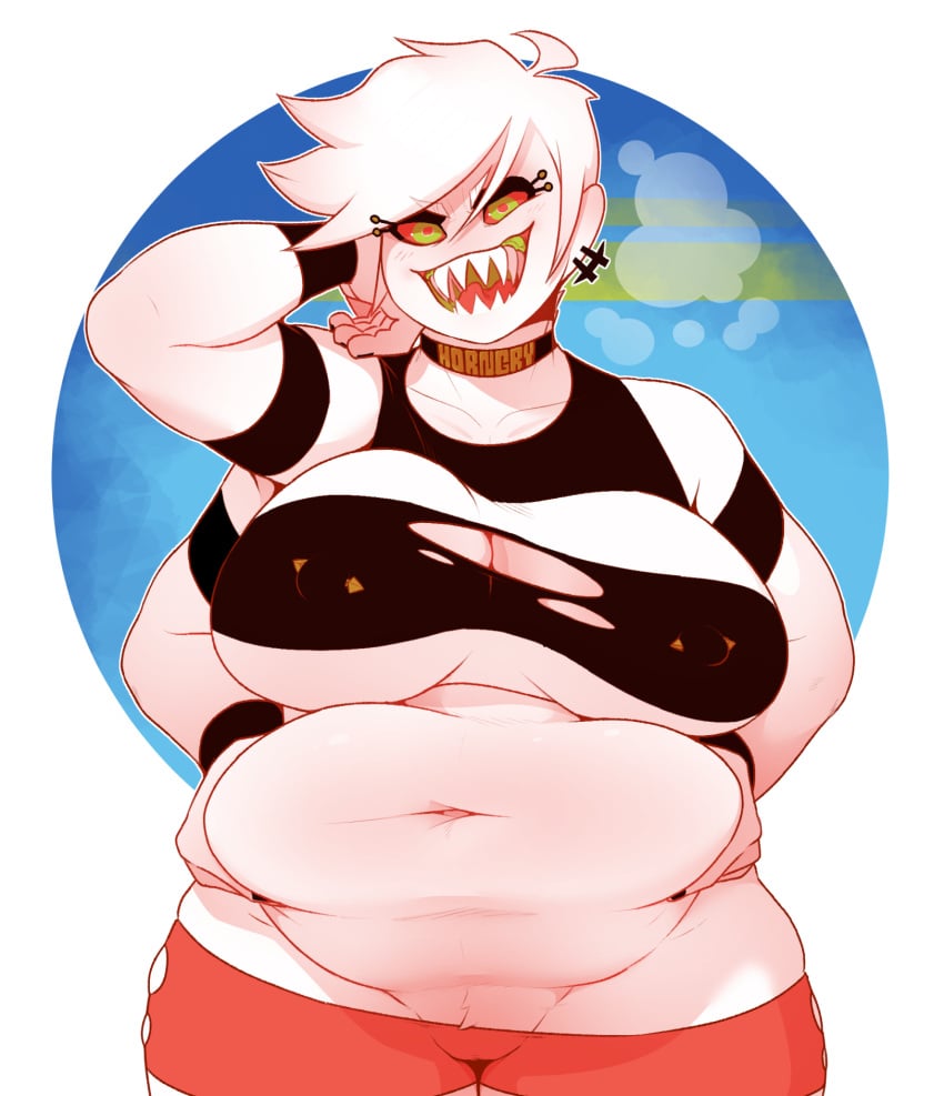 1girls belly belly_button belly_grab big_belly big_breasts choker chubby clothed clothing dabble earrings female green_eyes nipple_piercing overweight overweight_female red_eyes sharp_teeth simple_background sugar_(dabbledraws) white_body white_fur white_hair