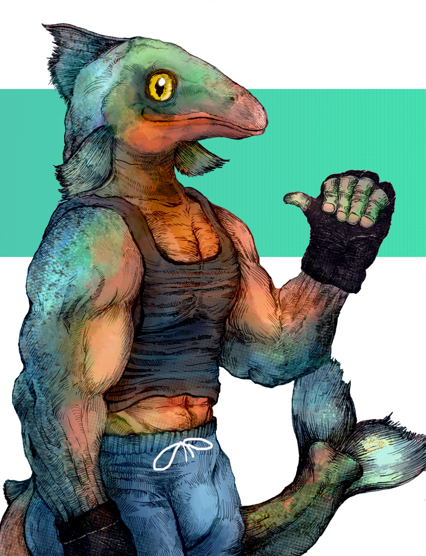 abs belly_button biceps bulge fingerless_gloves fish furry gym_clothes looking_at_viewer male male_only manly muscle muscles muscular salmon slutplanet sweatpants vest