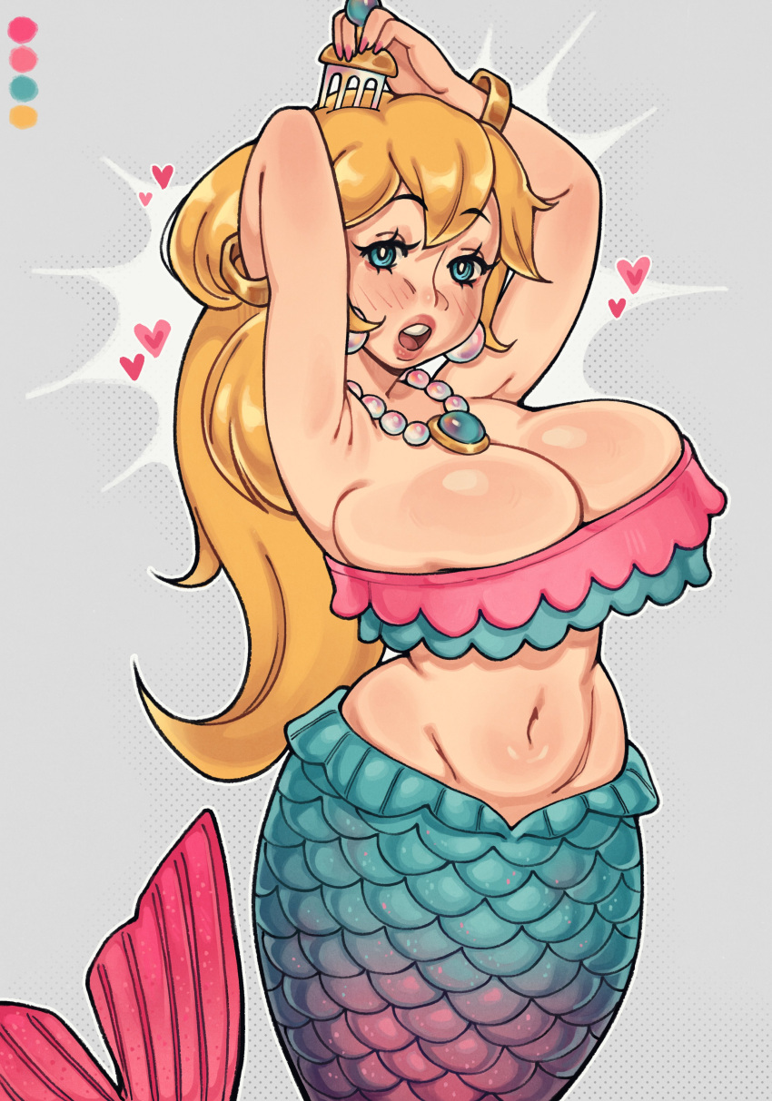 1girls absurd_res big_breasts blonde_hair blue_eyes blush breasts brushing_hair cleavage color_palette earrings female female_only grey_background long_hair looking_at_viewer mario_(series) mermaid mermaid_peach navel nintendo pearl_earrings pearl_necklace princess_peach princess_peach:_showtime! solo surprised surprised_expression thirstformilk topwear