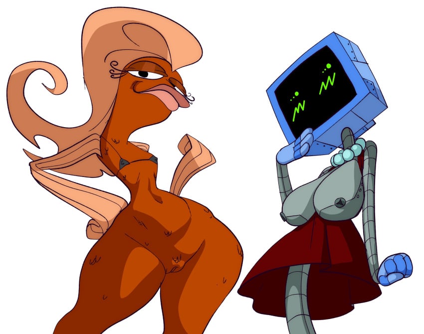 2girls anthro big_breasts bikini_top blush bottomless breast_size_difference computer_monitor coolerinker female female_only fish fish_girl inker_comics inkershike karen_plankton micro_bikini multiple_girls non-mammal_breasts robot robot_breasts robot_girl spongebob_squarepants suzie_groove thick_thighs topless tv tv_head wide_hips