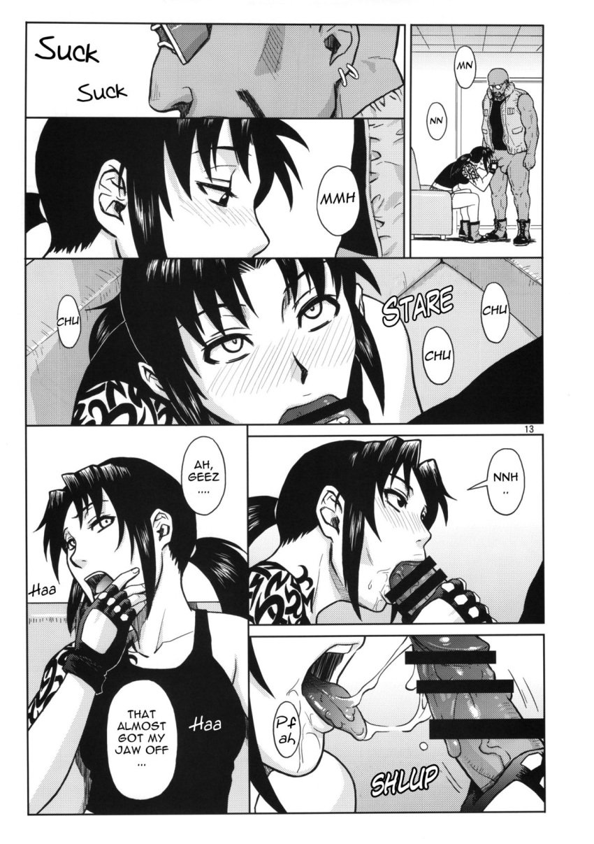 1boy 1girls age_difference azasuke big_penis black_lagoon blowjob boss_and_subordinate censored doujinshi duo dutch_(black_lagoon) english_text hotpants revy tank_top tattoo